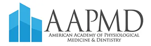 The image shows a logo with text that reads 'AAPMD' followed by an acronym for 'American Academy of Professional Dentistry.' The logo includes a stylized graphic resembling a building, and there's a tagline below that says 'Medicine & dental care.