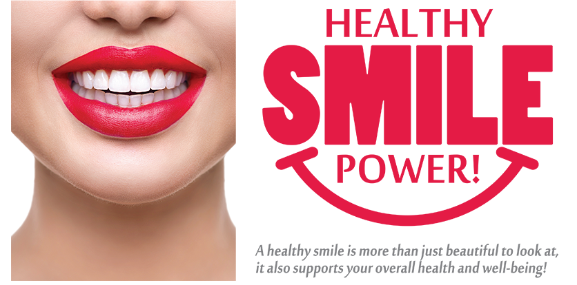 The image is a promotional graphic featuring a close-up of a person's face with red lipstick, and it includes text that reads 'HEALTHY SMILE POWER' in bold letters.
